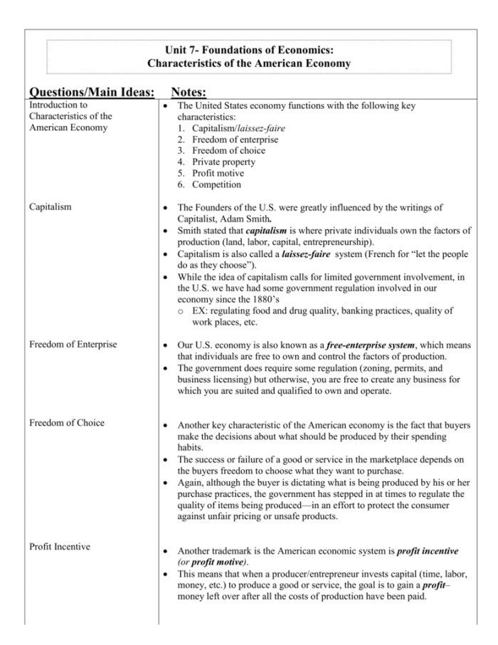 Economics Unit 4 – Free enterprise capitalism